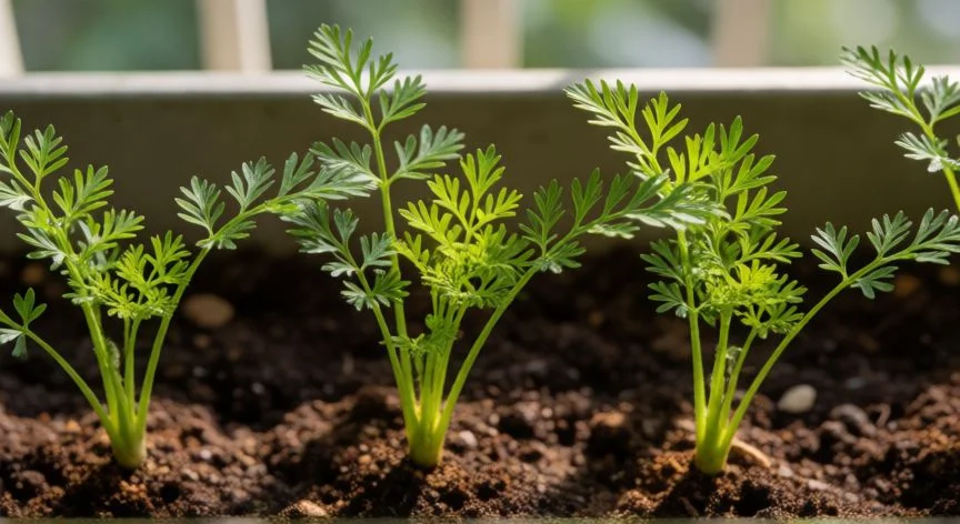 como plantar zanahorias en maceta, Manos aclarando zanahorias jóvenes en jardinera con sustrato esponjoso y perlita