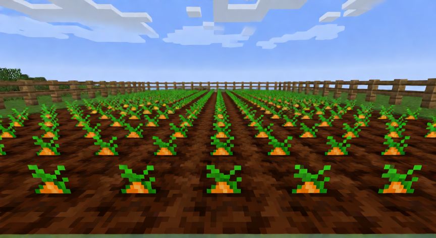 como plantar zanahorias en minecraft, Granja de zanahorias recién sembrada en Minecraft con suelo labrado