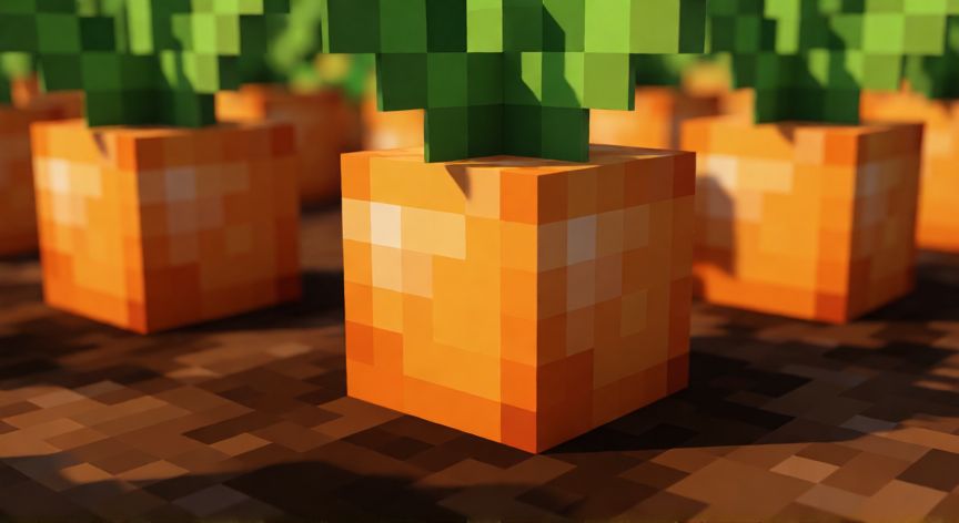 como plantar zanahorias en minecraft, Zanahorias maduras listas para cosechar en un campo de Minecraft