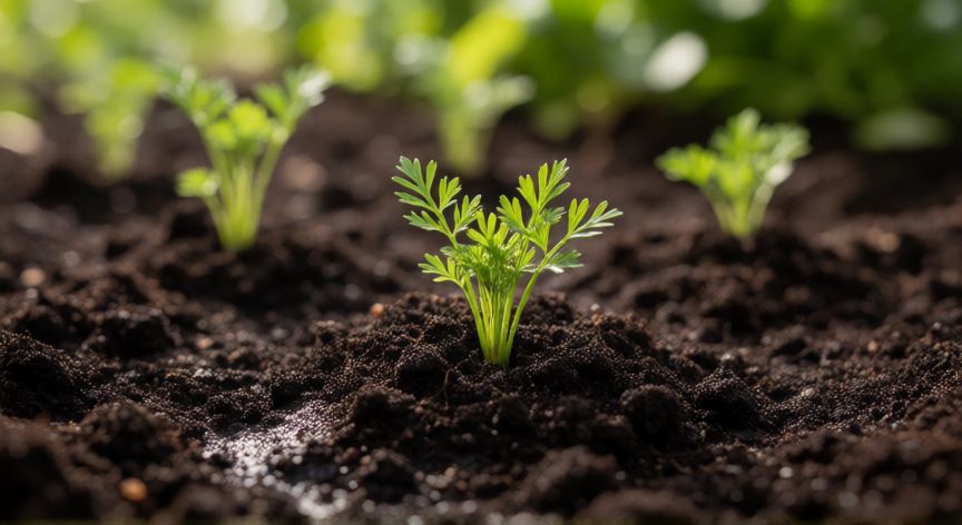 como plantar zanahorias y cebollas, Plántulas jóvenes de zanahoria brotando en suelo oscuro y fértil