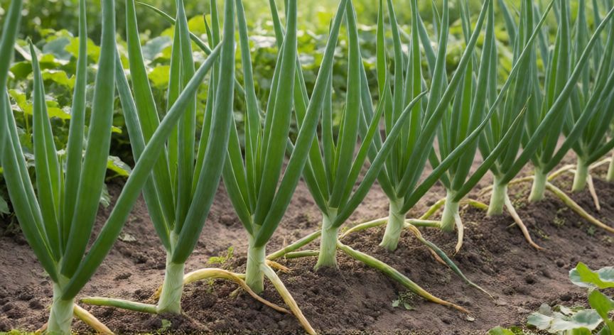 como plantar zanahorias y cebollas, Hileras de plantas jóvenes de cebolla creciendo en un huerto ordenado