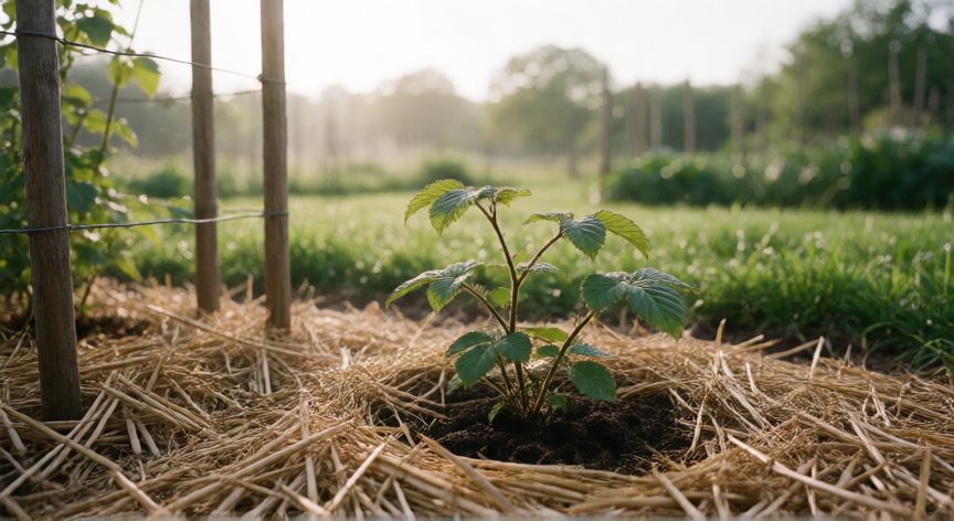 como plantar zarzamora, Joven zarzamora con sistema de tutorado y mulch en el jardín