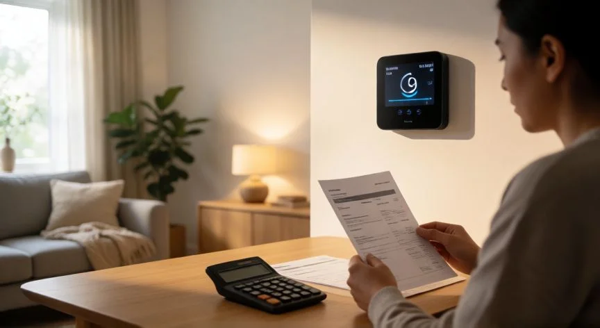 Persona revisando facturas y calculadora en un salón moderno eficiente