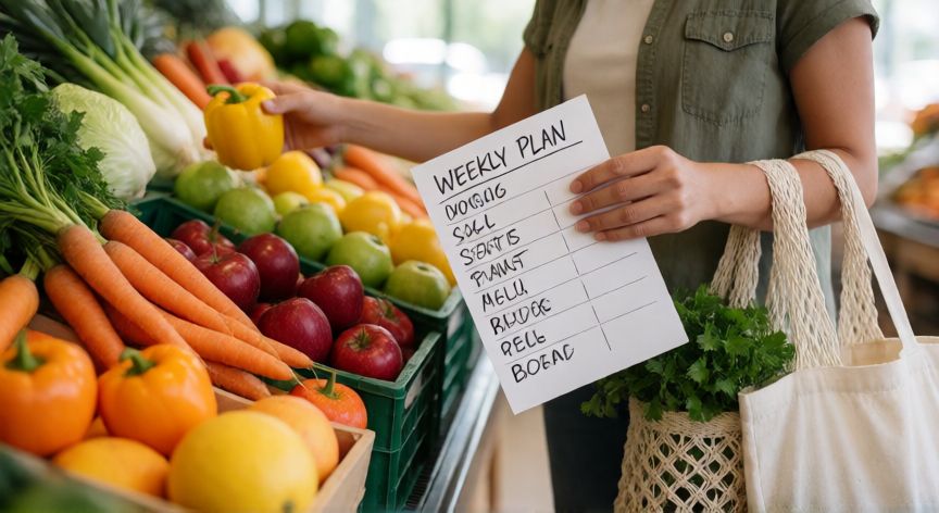 cómo podemos ahorrar o reducir los gastos en casa, Compra inteligente de alimentos frescos con lista semanal de menú