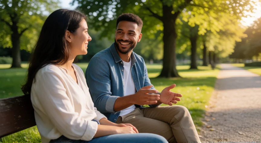 como podemos tratar mejor a los demas, Dos amigos conversando con atención y calidez en un banco de parque al atardecer
