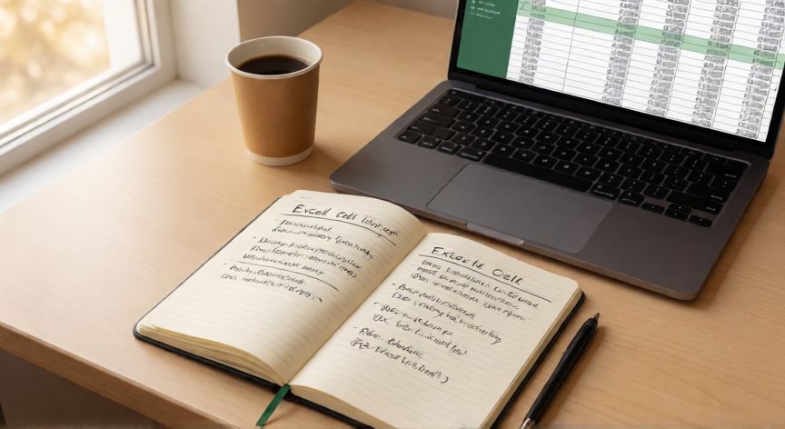 como poner 0 en excel sin que se borre, Escritorio con apuntes sobre formatos de celdas en Excel y una hoja de cálculo con códigos que conservan sus ceros