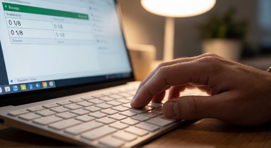 como poner 1/8 en excel, Personas escribiendo 0 1/8 en una celda de Excel en un portátil