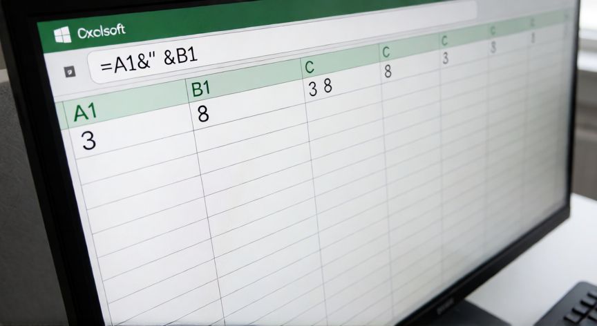 como poner 3 8 en excel, Hoja de cálculo Excel mostrando cómo unir 3 y 8 con un espacio usando fórmula de concatenación