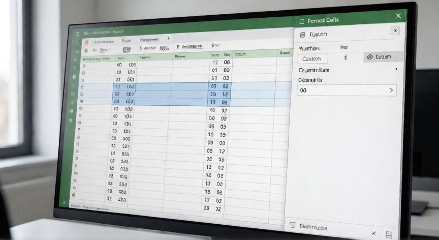 Vista de Excel con el diálogo Formato de celdas abierto mostrando formato personalizado 00 para mostrar ceros a la izquierda