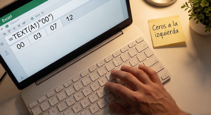 como poner en excel 00, Manos escribiendo fórmula TEXT en Excel para forzar ceros a la izquierda en una columna de datos