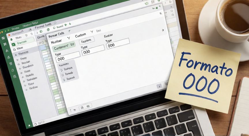 como poner en excel 001, Diálogo de Formato de celdas de Excel con el formato personalizado 000 seleccionado