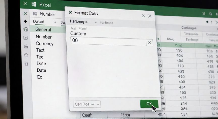 como poner en excel 01, Diálogo de formato de celdas de Excel con la opción de máscara numérica personalizada 00 seleccionada