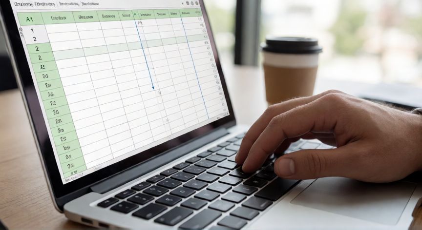 Manos tecleando en laptop mostrando una hoja de cálculo Excel con los números 1 y 2 en celdas A1 y A2