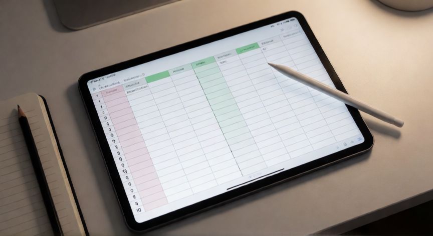 como poner en excel 1 2, Vista cenital de una tablet mostrando una columna numerada en Excel desde 1 hasta 10 en un escritorio moderno