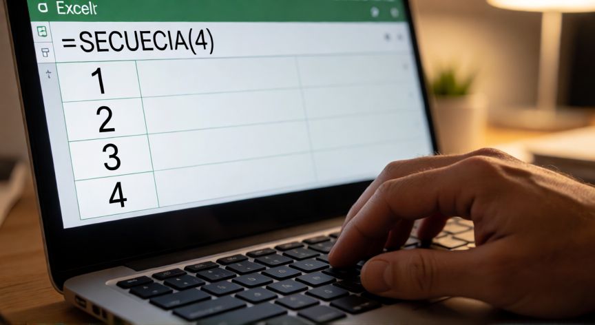 como poner en excel 1 2 3 4, Fórmula SECUECIA(4) en la barra de fórmulas de Excel generando la secuencia 1 2 3 4