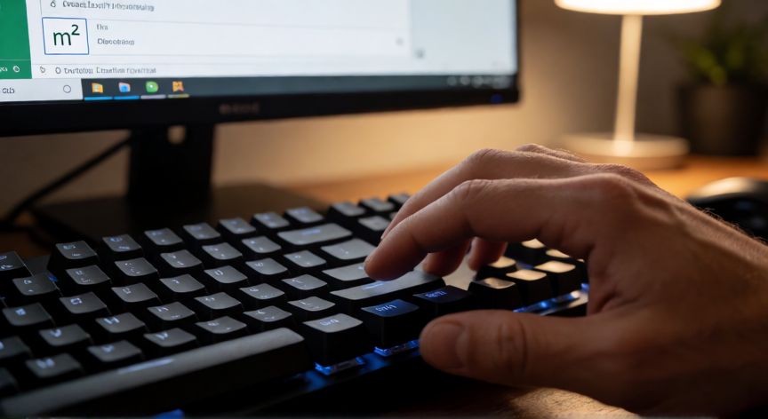 como poner en excel al cuadrado, Mano pulsando atajo de teclado para aplicar formato superíndice en Excel
