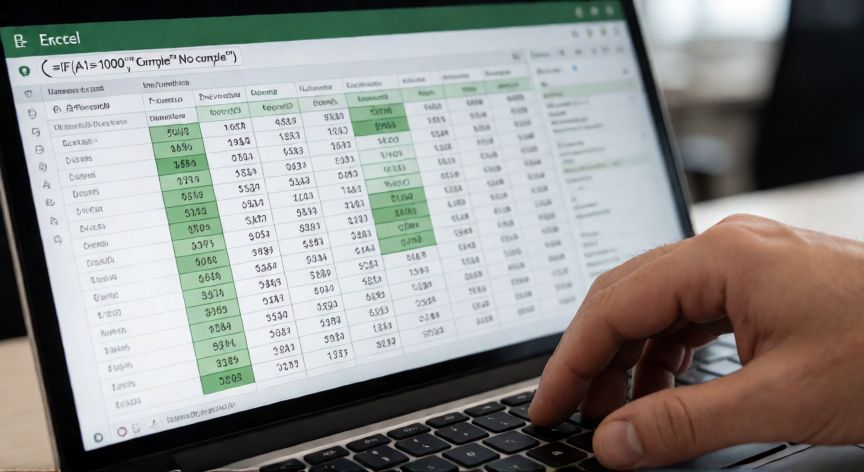 como poner en excel igual o mayor, Pantalla de Excel mostrando la fórmula =SI(A1>=1000) con formato condicional aplicado