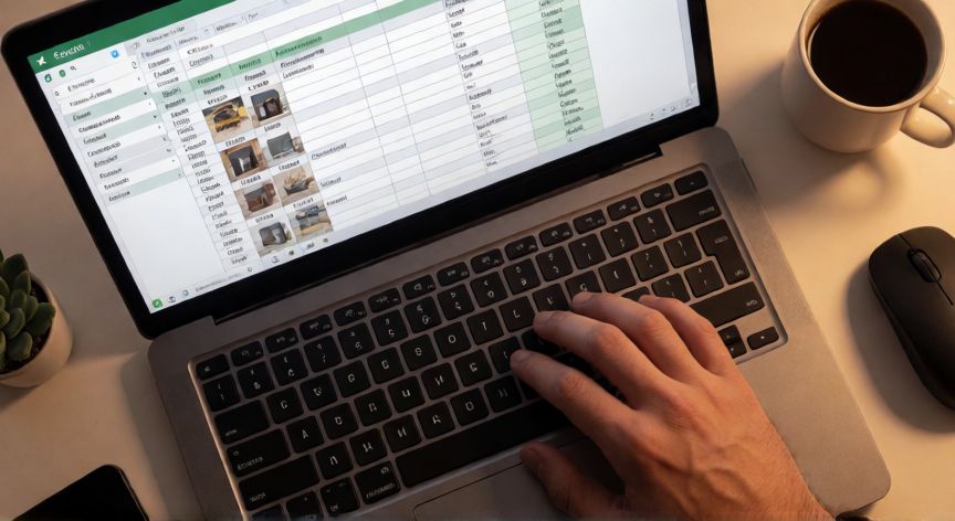 como poner en excel imagenes, Vista cenital de un escritorio con un portátil mostrando una tabla en Excel que incluye fotos de productos incrustadas en las celdas
