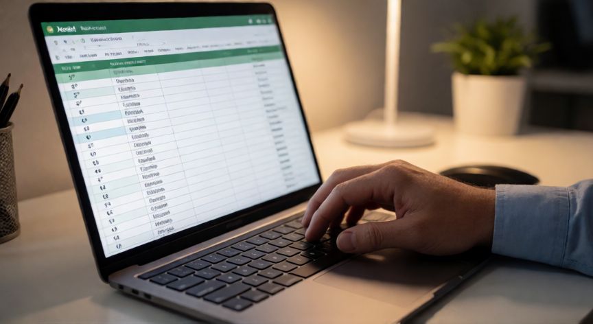 como poner en excel la potencia, Manos escribiendo en un portátil con Excel mostrando una serie de potencias de 2