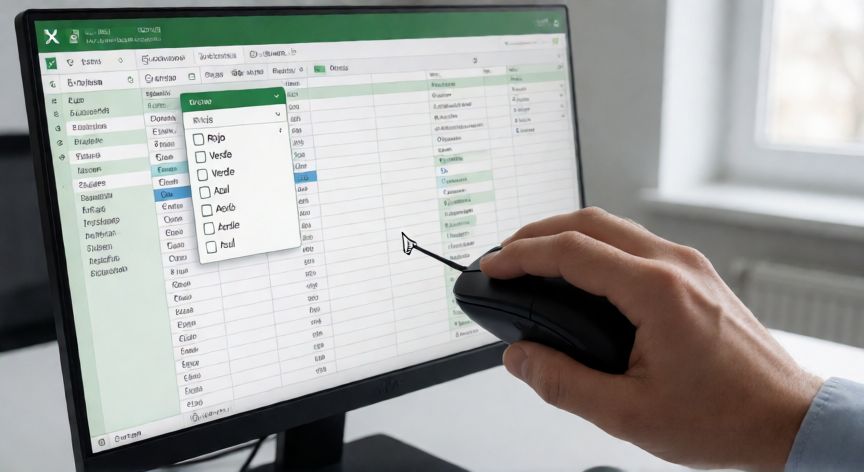 como poner en excel lista desplegable, Mano seleccionando una opción en una lista desplegable dentro de una celda de Excel