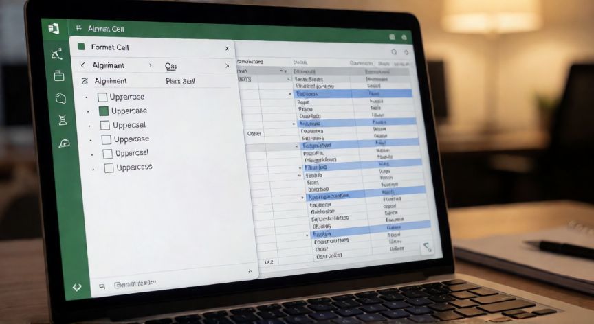 como poner en excel mayusculas, Diálogo de formato de celda de Excel con la opción de mayúsculas activada