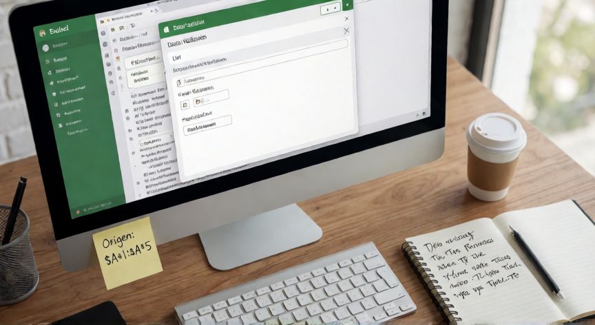 como poner en excel opciones desplegables, Ventana de diálogo de Validación de datos de Excel con la opción Lista seleccionada y campo Origen visible