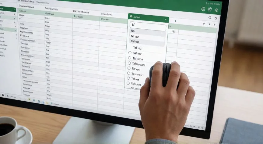 Lista desplegable (dropdown) abierta en una hoja de cálculo de Excel mostrando opciones de selección