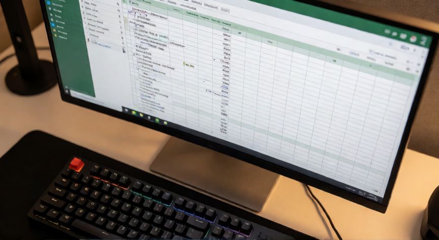 como poner en excel teclado, Teclado físico delante de un monitor con Excel abierto mostrando una hoja de cálculo