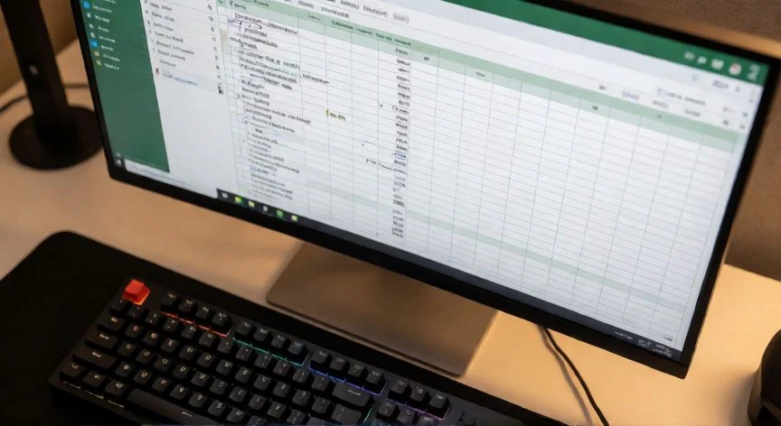 Teclado físico delante de un monitor con Excel abierto mostrando una hoja de cálculo
