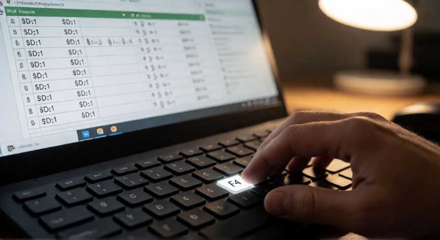 como poner en excel valor absoluto, Manos pulsando la tecla F4 para fijar referencias absolutas en Excel