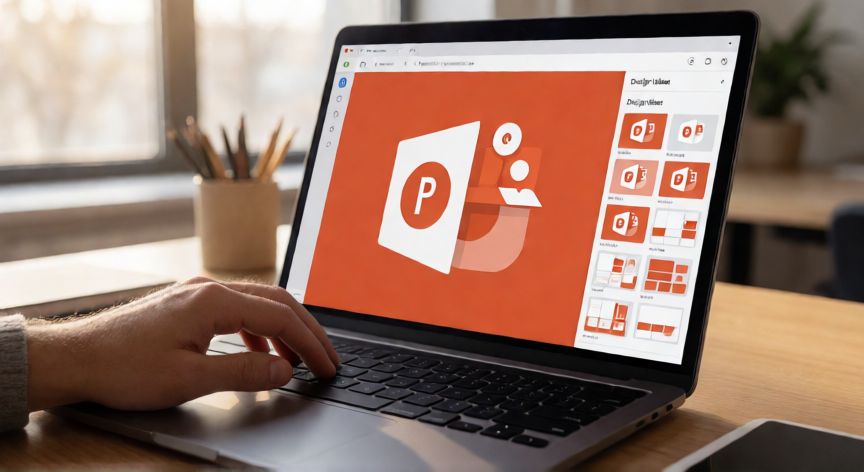como poner en powerpoint ideas de diseño, Persona usando la función Ideas de Diseño en PowerPoint en un portátil