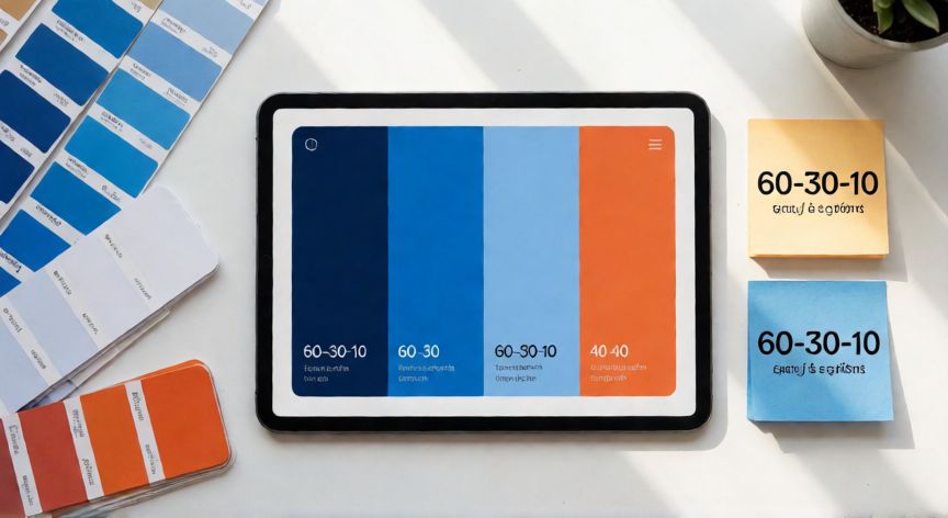 como poner en powerpoint ideas de diseño, Espacio de trabajo de diseño con muestra de la regla de color 60-30-10 aplicada a una diapositiva