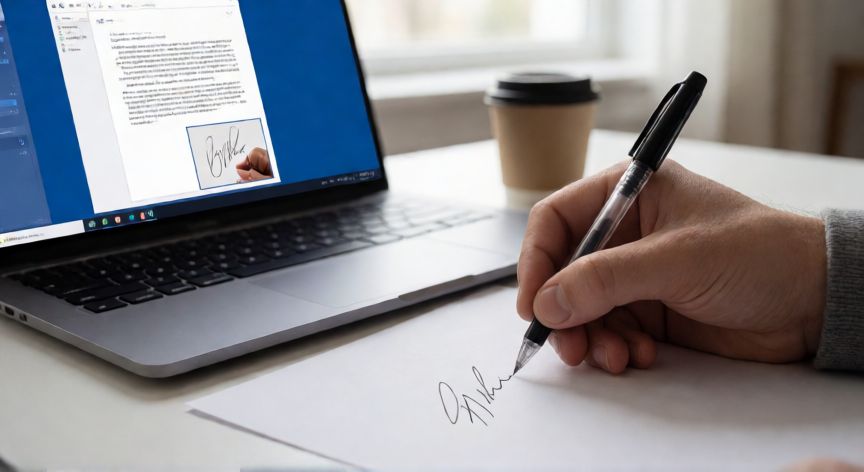 como poner en word la firma, Persona insertando una firma manuscrita en un documento de Microsoft Word desde su portátil