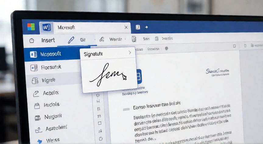 como poner en word la firma, Interfaz de Microsoft Word mostrando la herramienta de firma digital en la pestaña Insertar