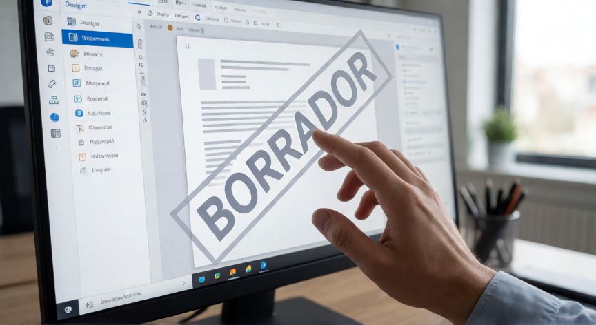 como poner en word la marca de agua, Pantalla de Word mostrando la pestaña Diseño con el botón Marca de agua resaltado y una marca de agua diagonal visible en el documento