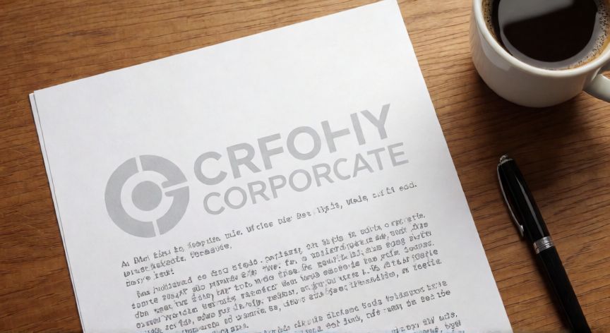 como poner en word la marca de agua, Documento impreso con marca de agua de logotipo corporativo semitransparente visible tras el texto, sobre escritorio de oficina