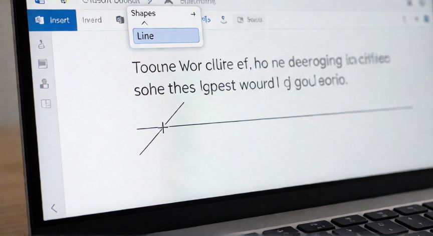 como poner en word lineas, Pantalla de Microsoft Word con la herramienta de formas abierta insertando una línea diagonal en un documento
