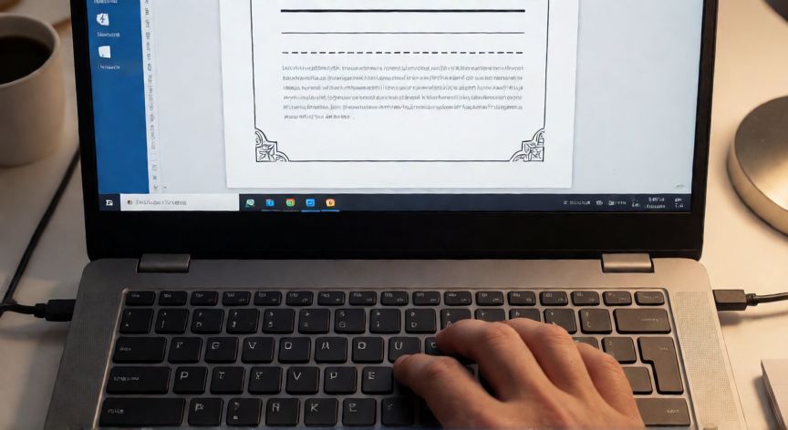 como poner en word lineas, Persona escribiendo en un portátil con un documento de Word mostrando distintos tipos de líneas y bordes de página