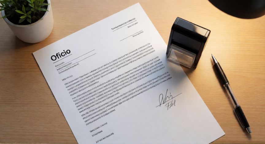como poner en word oficio, Oficio impreso en papel A4 con espacio para sello y firma sobre un escritorio de oficina
