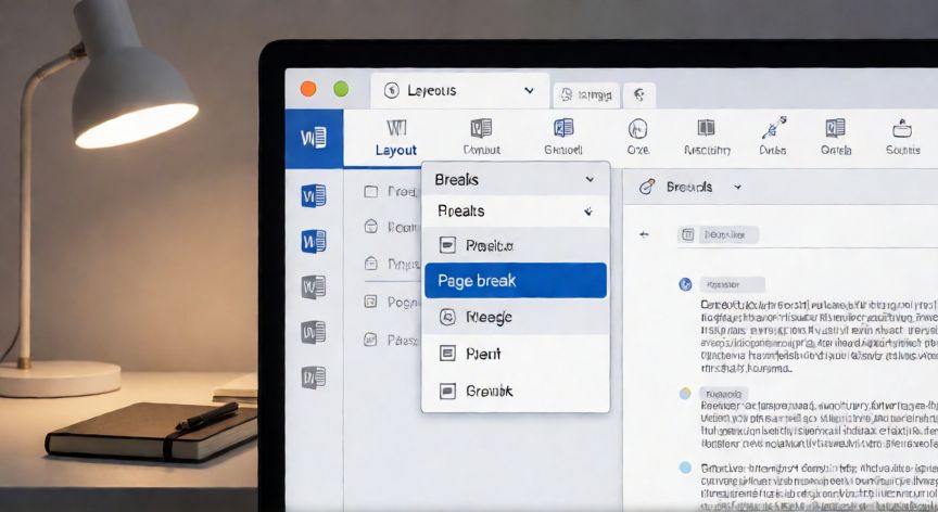 como poner en word otra pagina, Menú de saltos en la pestaña Disposición de Word con la opción de nueva página seleccionada
