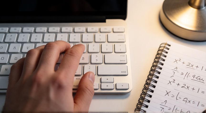 como poner en word x al cuadrado, Manos usando el atajo de teclado para insertar superíndice en Word junto a apuntes de matemáticas