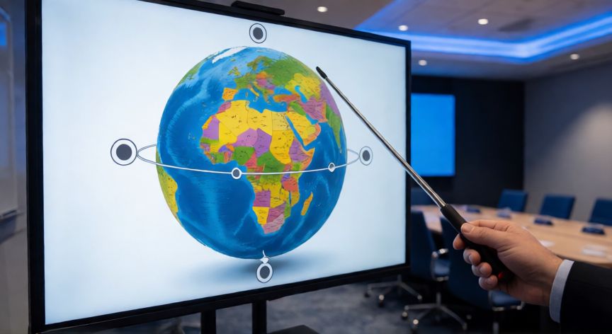 como poner imagenes 3d en powerpoint, Presentación en sala de reuniones con un globo 3D interactivo en la diapositiva