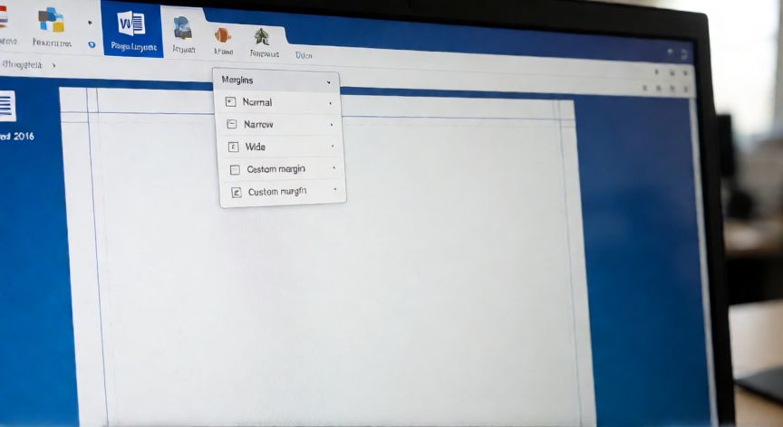 como poner margen en word 2016, Pantalla de Word 2016 con el menú de márgenes desplegado en la pestaña Diseño de página