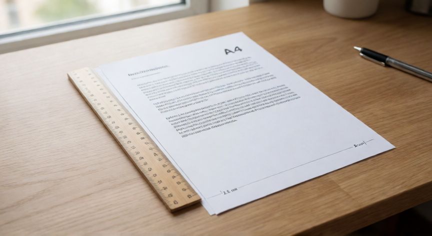 como poner margen en word de 2.5, Documento impreso con margen de 2.5 cm verificado con una regla sobre la mesa