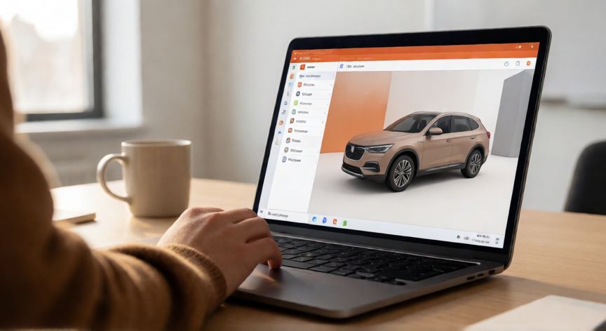 como poner modelos 3d en powerpoint, Persona insertando un modelo 3D de un coche en una diapositiva de PowerPoint desde el menú Insertar