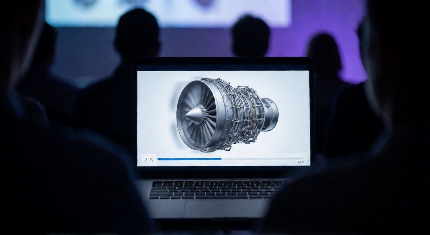 como poner modelos 3d en powerpoint, Proyección de una presentación con un modelo 3D de turbina girando en la diapositiva durante una conferencia