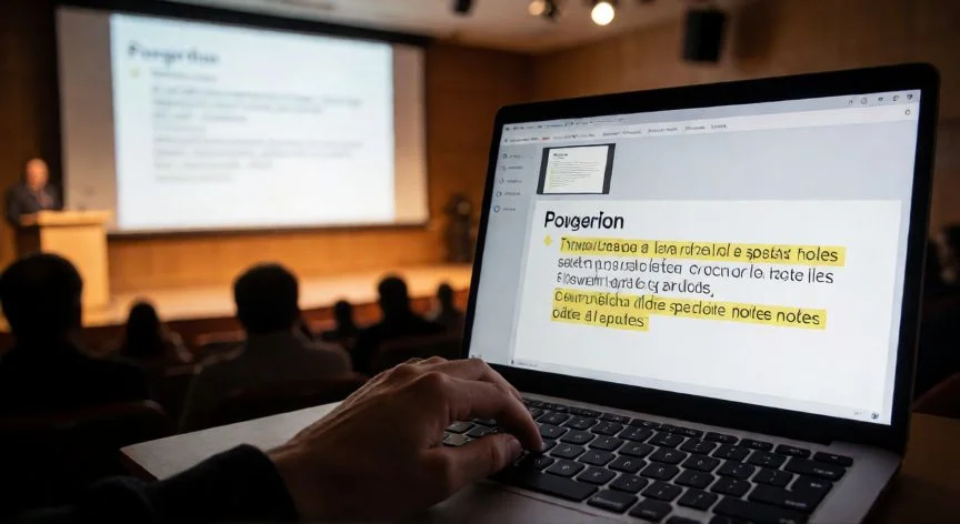 como poner notas en powerpoint sin que se vean, Ponente consultando sus notas ocultas en PowerPoint durante una presentación ante un auditorio