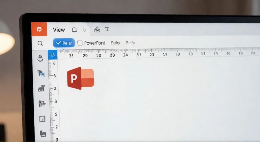 como poner regla en powerpoint, Interfaz de PowerPoint con la pestaña Vista activa y la regla de medida visible en la diapositiva