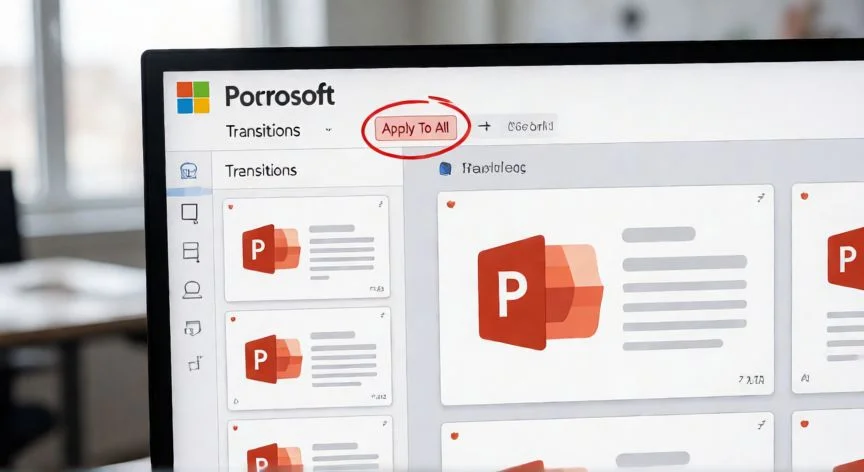 Pantalla de PowerPoint con la pestaña Transiciones abierta y el botón Aplicar a todas resaltado