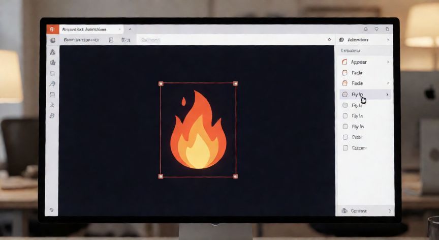 como poner un gif en powerpoint y que se mueva, Pestaña de Animaciones de PowerPoint seleccionando efecto de entrada para un GIF de llama